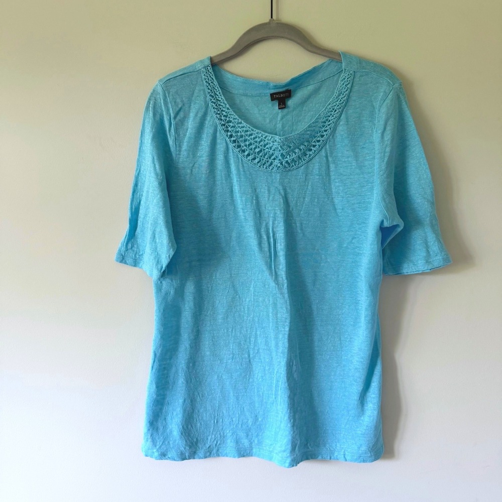 Talbots Turquoise‎ Blue 100% Linen Crochet Neck Short Sleeve Top Size L Summer
